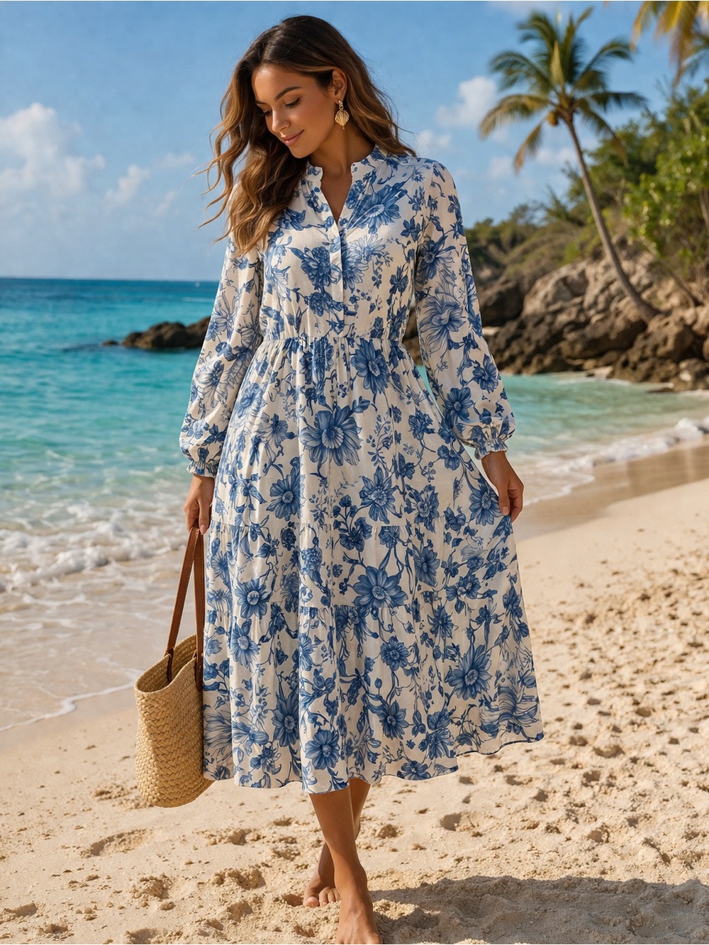 H&M Blue Floral Midi Dress Cottagecore Beachy Boho Long Sleeve Size S